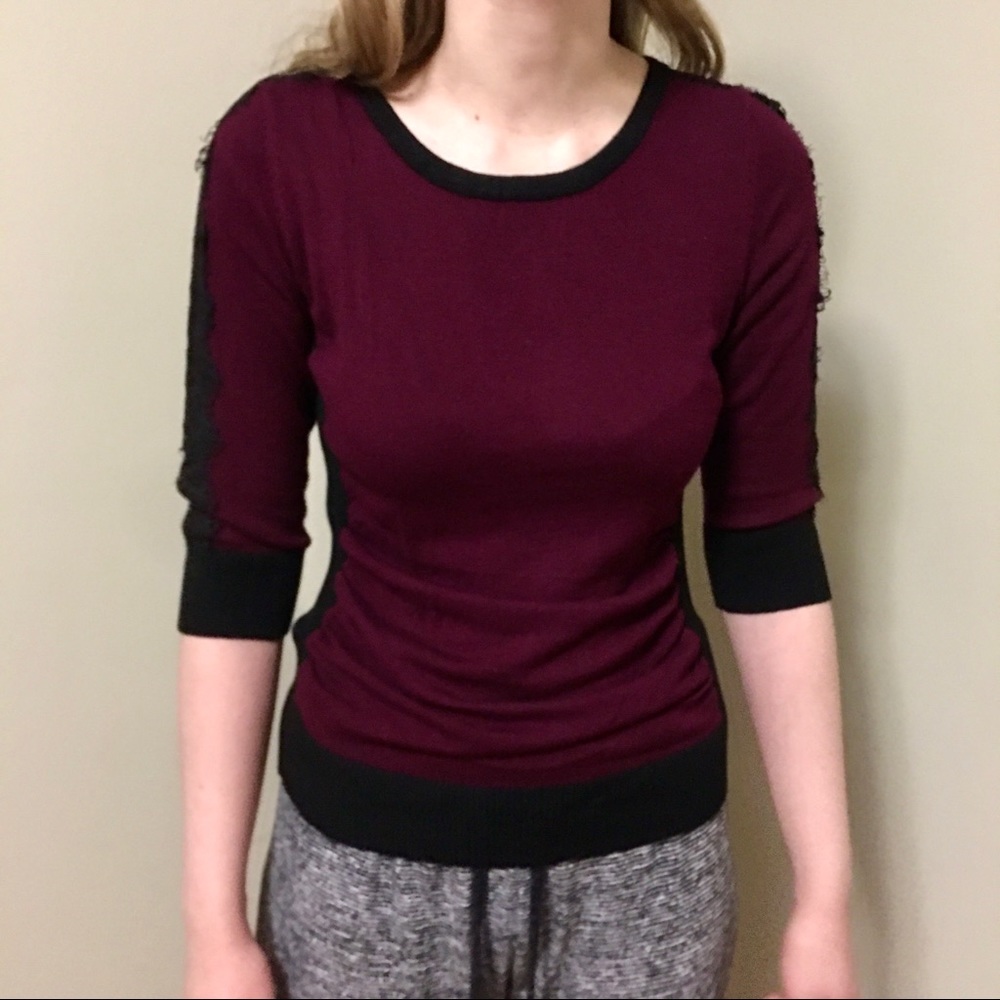 by&by burgundy and black knit sweater, 3/4 length sleeves, size L.